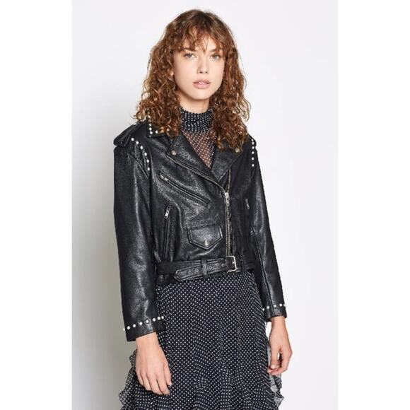Joie Humla Zip-Front Pearlescent-Stud Moto Lamb Leather Jacket In Caviar Size XS - Picture 1 of 7